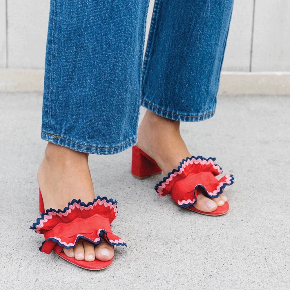 Loeffler Randall Red Suede Slides with 2 inch heel; great condition; size 6